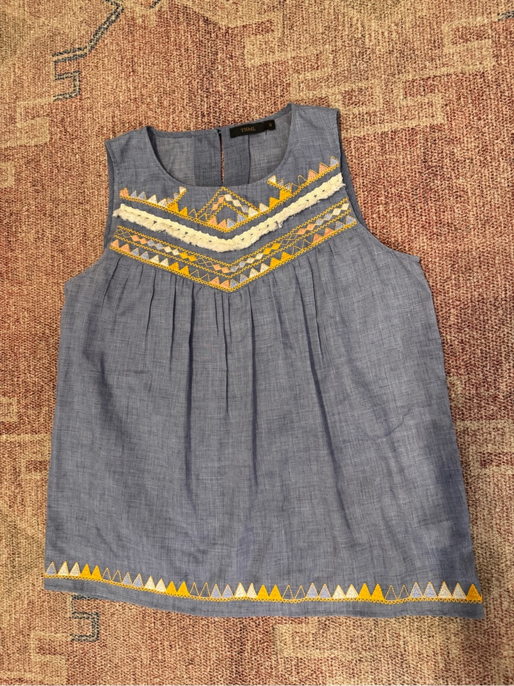 THML tassel cotton embroidered geometric blue sleeveless summer top small